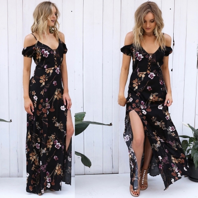 Short Sleeve Off Shoulder Floral Printed High Slit Dress stylesimo.com