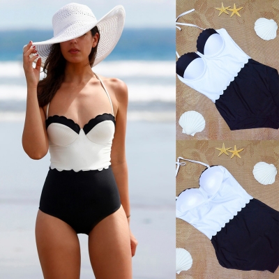Color Block Halter One Piece Skinny Swimsuit Stylesimo Com