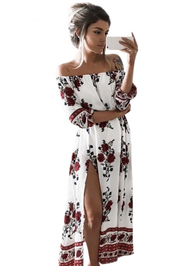 Women's PUff Sleeve Off Shoulder Floral Printed Maxi Dress