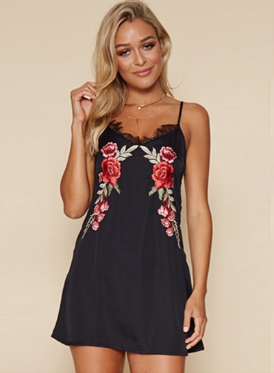 A-Line Spaghetti Strap Sleeveless Floral Embroidery Mini Dress YOUYOUFASHIONEC.com