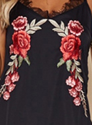 A-Line Spaghetti Strap Sleeveless Floral Embroidery Mini Dress