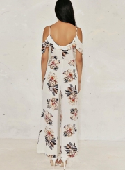 Women's Off Shoulder Floral Printed Ruffle Wide-Leg Jumpsuit