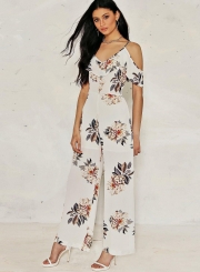 Women's Off Shoulder Floral Printed Ruffle Wide-Leg Jumpsuit
