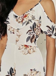 Women's Off Shoulder Floral Printed Ruffle Wide-Leg Jumpsuit