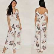 Women's Off Shoulder Floral Printed Ruffle Wide-Leg Jumpsuit