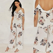 Women's Off Shoulder Floral Printed Ruffle Wide-Leg Jumpsuit