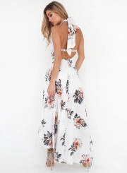 Fashion Halter Backless Floral Printed Asymmetrical Dress