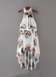 Fashion Halter Backless Floral Printed Asymmetrical Dress