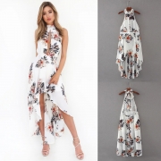 Fashion Halter Backless Floral Printed Asymmetrical Dress