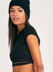 Women's Short Sleeve Ripped Solid Crop Top