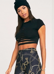 Women's Short Sleeve Ripped Solid Crop Top