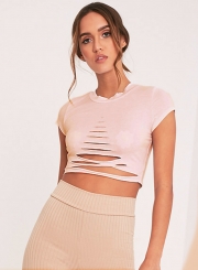 Women's Short Sleeve Ripped Solid Crop Top