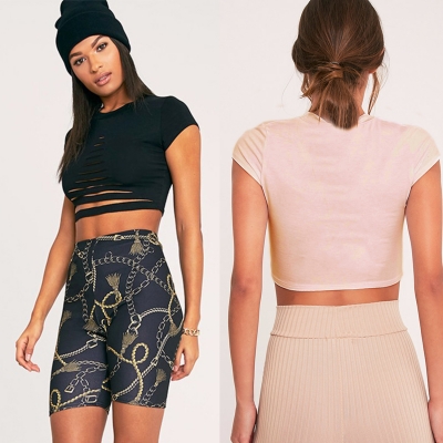 Women's Short Sleeve Ripped Solid Crop Top stylesimo.com