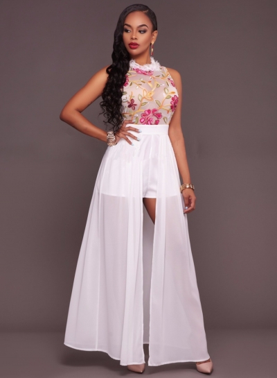 Women's Sleeveless Floral Printed Pattern Mesh Jumpsuit