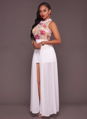 Women's Sleeveless Floral Printed Pattern Mesh Jumpsuit