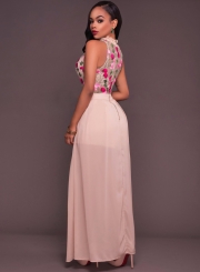Women's Sleeveless Floral Printed Pattern Mesh Jumpsuit