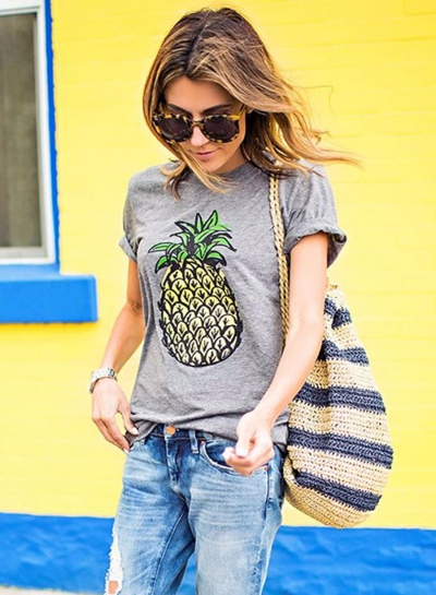 Women's Short Sleeve Pineapple Printed Pullover Tee stylesimo.com