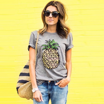 Women's Short Sleeve Pineapple Printed Pullover Tee stylesimo.com