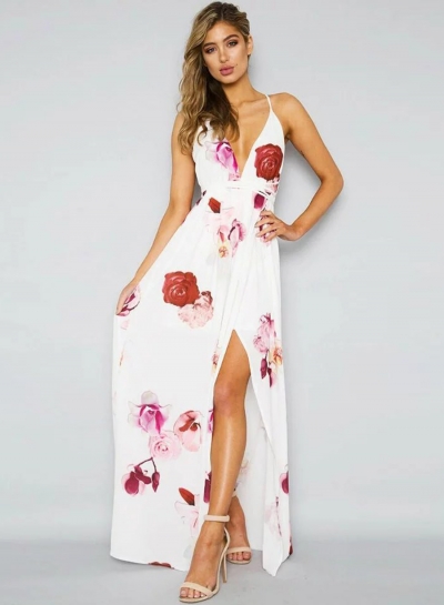 Fashion Deep V Neck Floral Printed High Slit Maxi Dress STYLESIMO.com