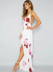Fashion Deep V Neck Floral Printed High Slit Maxi Dress