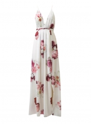 Fashion Deep V Neck Floral Printed High Slit Maxi Dress