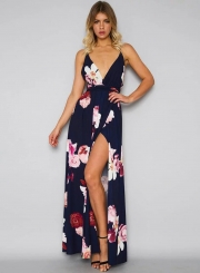 Fashion Deep V Neck Floral Printed High Slit Maxi Dress