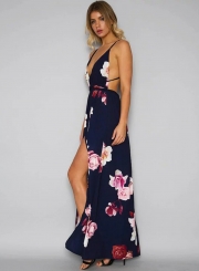 Fashion Deep V Neck Floral Printed High Slit Maxi Dress