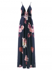 Fashion Deep V Neck Floral Printed High Slit Maxi Dress