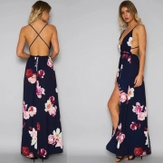 Fashion Deep V Neck Floral Printed High Slit Maxi Dress