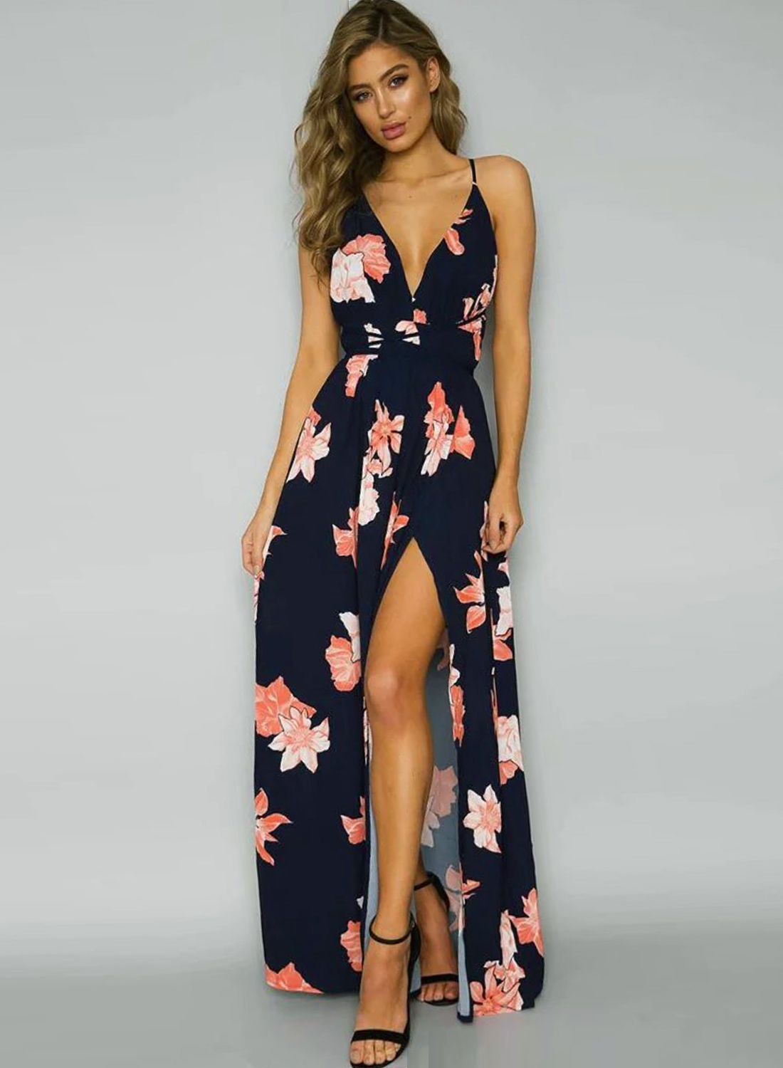 A Line Backless Floral Printed High Slit Maxi Dress
