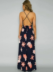 A-Line Backless Floral Printed High Slit Maxi Dress