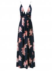 A-Line Backless Floral Printed High Slit Maxi Dress