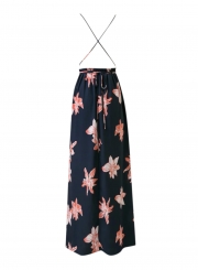 A-Line Backless Floral Printed High Slit Maxi Dress