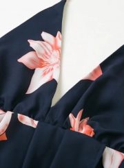 A-Line Backless Floral Printed High Slit Maxi Dress