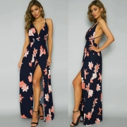 A-Line Backless Floral Printed High Slit Maxi Dress