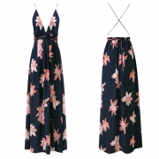 A-Line Backless Floral Printed High Slit Maxi Dress
