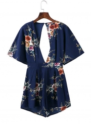 Women's Deep V Neck Half Sleeve Backless Floral Printed Romper