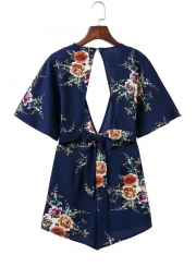 Women's Deep V Neck Half Sleeve Backless Floral Printed Romper