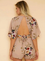 Women's Deep V Neck Half Sleeve Backless Floral Printed Romper
