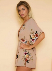 Women's Deep V Neck Half Sleeve Backless Floral Printed Romper