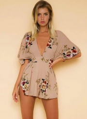 Women's Deep V Neck Half Sleeve Backless Floral Printed Romper