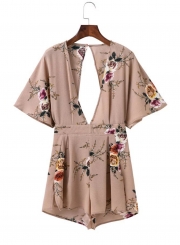 Women's Deep V Neck Half Sleeve Backless Floral Printed Romper