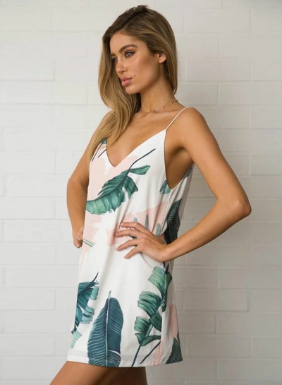 Sleeveless Spaghetti Strap Palm Printed Mini Dress stylesimo.com