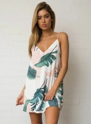 Sleeveless Spaghetti Strap Palm Printed Mini Dress