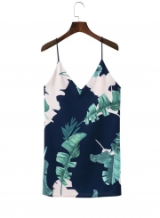 Sleeveless Spaghetti Strap Palm Printed Mini Dress