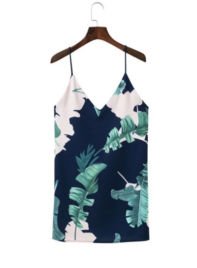 Sleeveless Spaghetti Strap Palm Printed Mini Dress stylesimo.com