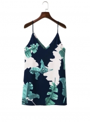 Sleeveless Spaghetti Strap Palm Printed Mini Dress