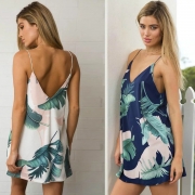 Sleeveless Spaghetti Strap Palm Printed Mini Dress