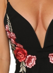Fashion Deep V Neck Floral Embroidery Mini Dress