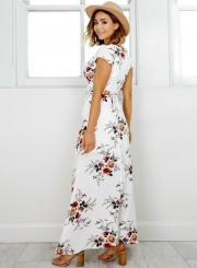 Elegant V Neck Short Sleeve High Split Floral Printed Maxi Dress